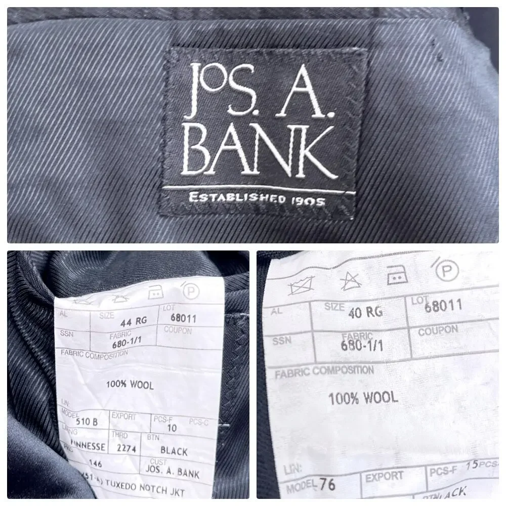 Jos A Bank Notch Collar Tuxedo Suit Black Mens 44R Jacket 40x31 Pleated Pants
